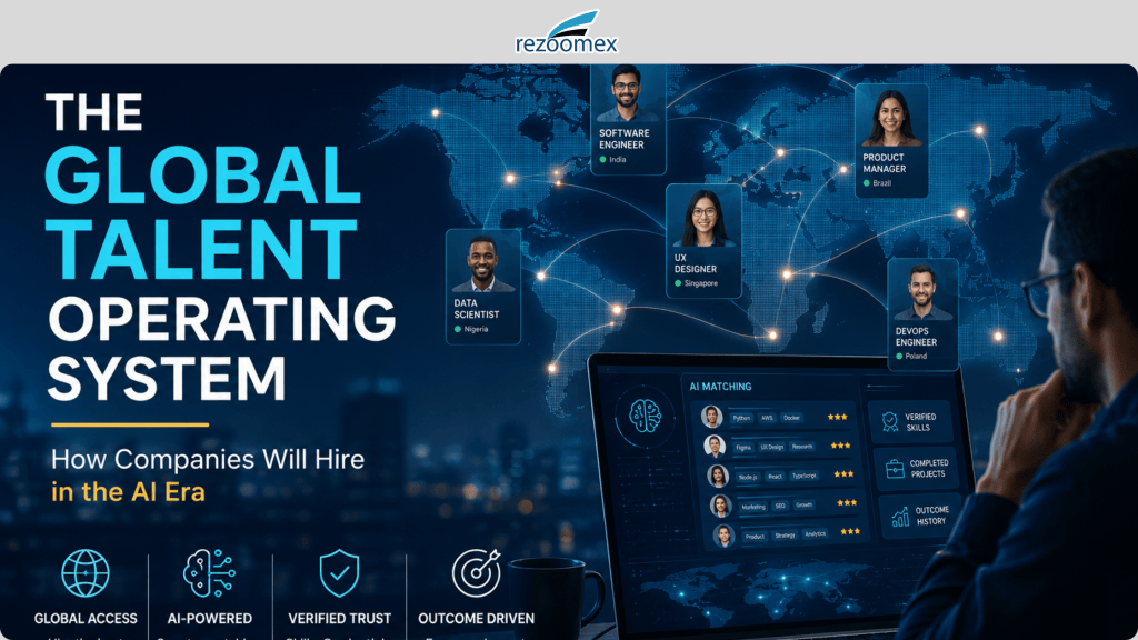 An infographic titled 'The Global Talent Operating System' illustrating how companies will hire in the AI era, featuring profiles of various professionals like a Data Scientist, Software Engineer, Product Manager, UX Designer, and DevOps Engineer from different countries, with elements highlighting AI matching and skills verification.
