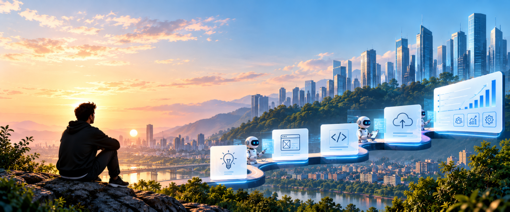 A person sitting on a rock, gazing at a futuristic city skyline during sunset, with robotic figures and digital icons representing technology and innovation positioned along a pathway.