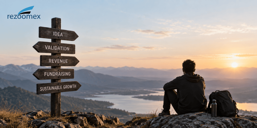 A person sitting on a rock overlooking a scenic landscape at sunset, with a wooden signpost displaying directions for 'Idea', 'Validation', 'Revenue', 'Fundraising', and 'Sustainable Growth'.