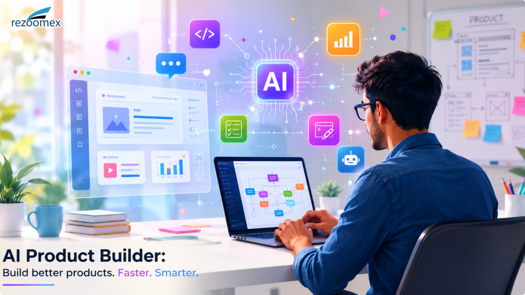 A person using a laptop to access an AI Product Builder tool, with graphical elements showcasing features like coding, charting, and a chatbot, in a modern workspace.