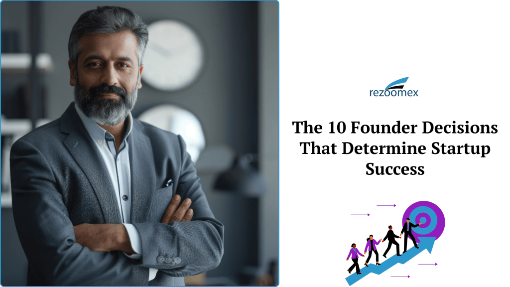 A confident man with a beard in a gray suit, standing with arms crossed, in a professional setting with clocks in the background. The text on the right highlights 'The 10 Founder Decisions That Determine Startup Success' by Rezoomex.